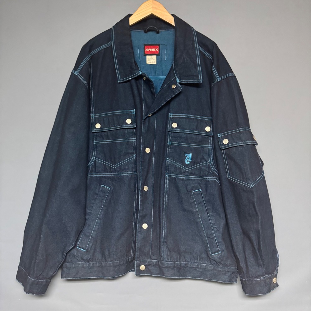 Vintage Avirex Denim Jacket 2X Dark Wash Turquoise Contrast Stitch Embroidered